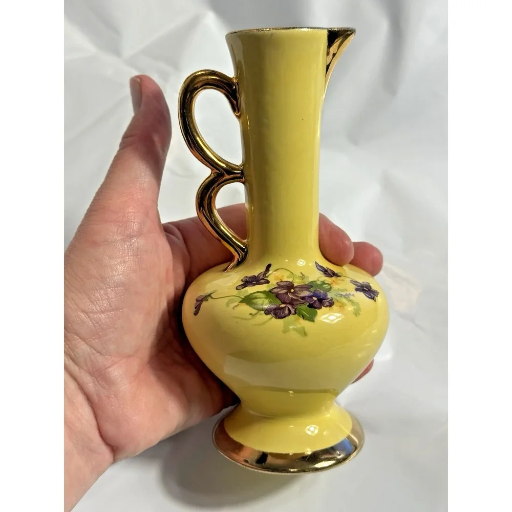 Vintage Yellow Ceramic Miniature Bud Vase Purple Violets Gold Trim 6.25in